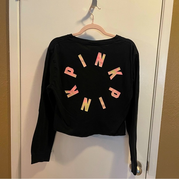 PINK / Victoria's Secret Black Pink Logo Cropped Long Sleeve Top / Large - Picture 1 of 7
